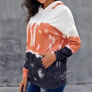 Colorblock Tie Dye Long Sleeve Womens Pullover Hoodie Sweater Pocket XL